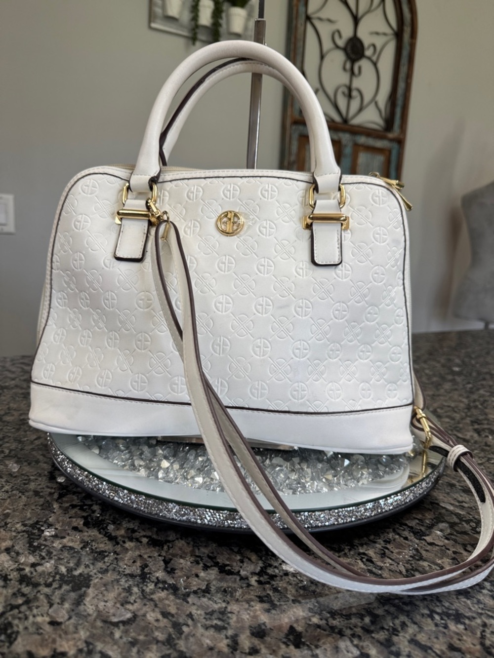 Giani Bernini White Embossed Dome Satchel with Gold Hardware